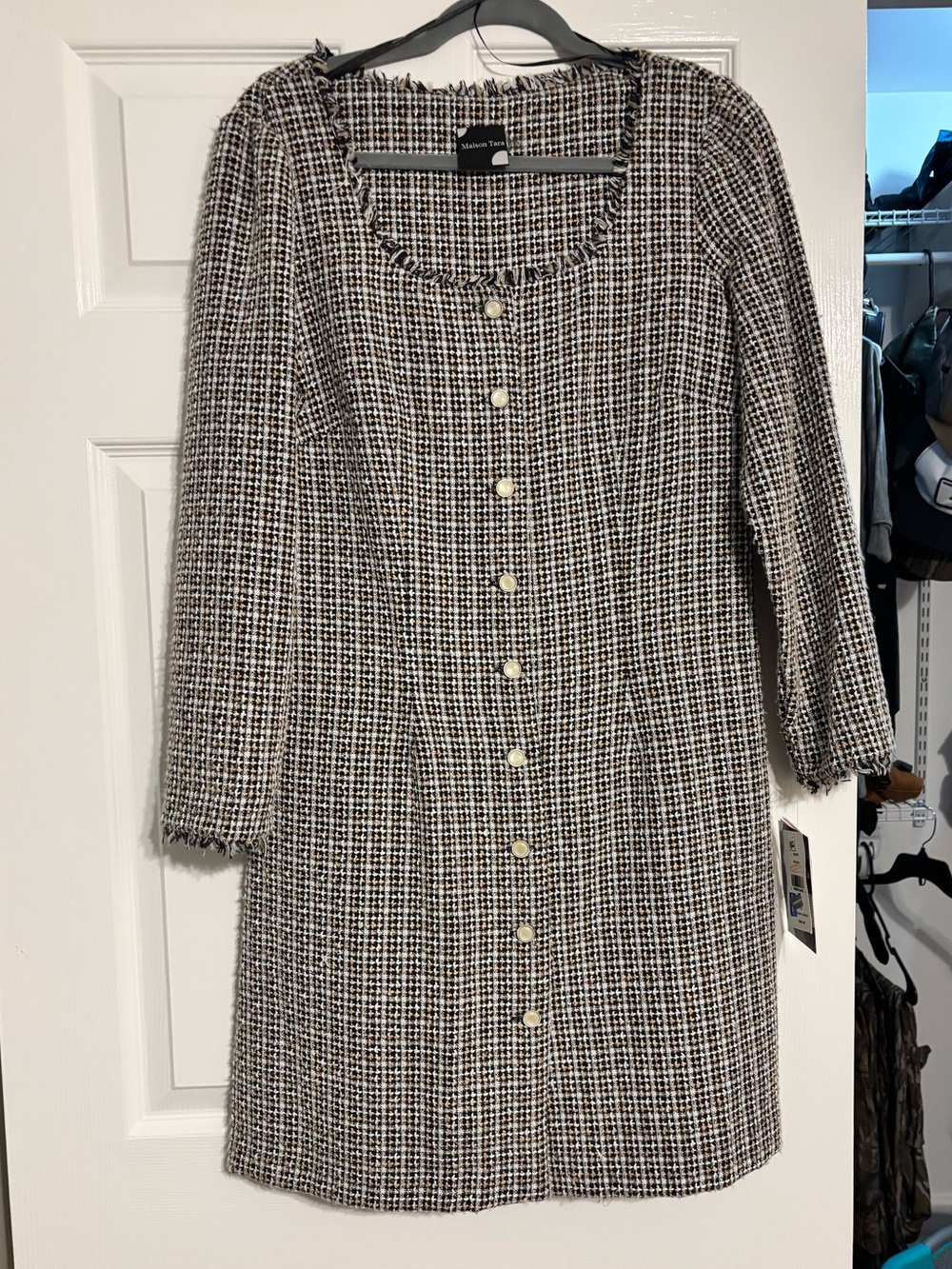 Maison Tara Black and White Tweed Button-Front Midi Dress